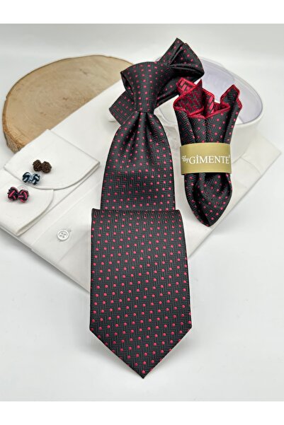 Gutiero Black Claret Red Patterned Classic Tie with Handkerchief