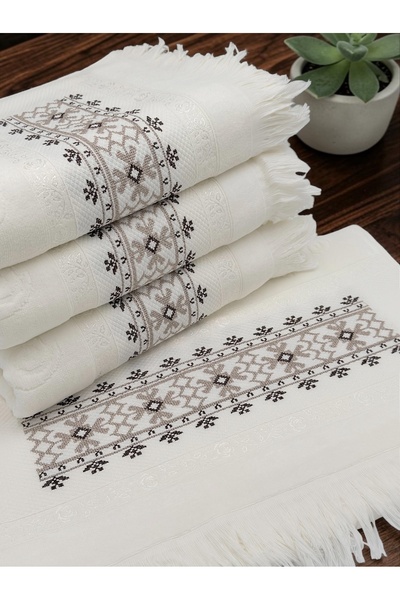 AYHANHOME 4-Piece Kanevice Embroidered Fringed Dowry Set Hand and Face Towels