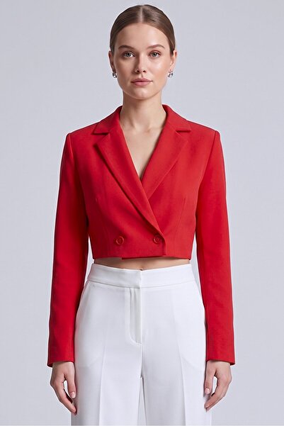 Lily Evans Kadın Regular Fit Kruvaze Kapama Crop Blazer Ceket - Şık & Spor