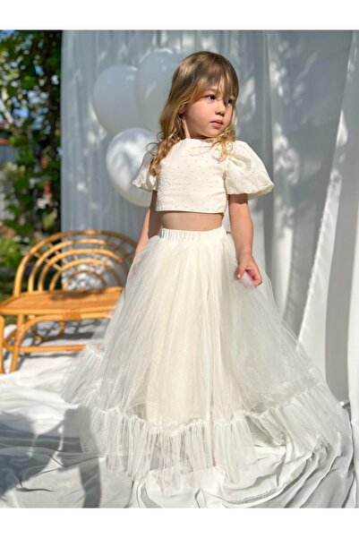 Pinkitokids Nakış İşlemeli Kız Çocuk Crop ve Etek Takım-Ekru
