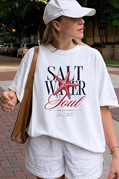 GIA - ART Women's Oversize T-Shirt Saltwater Soul Printed White – Crew Neck, ...