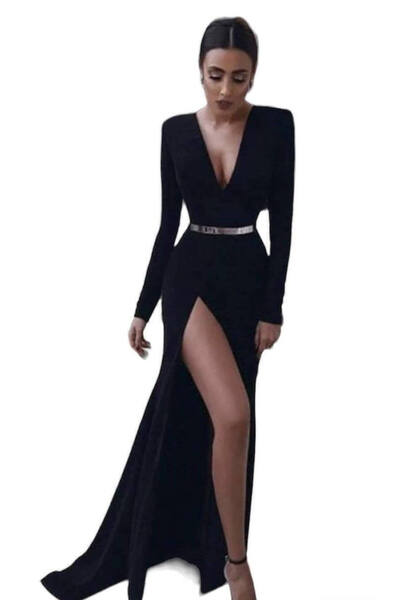 Woman's Fashion Μάξι βραδινό φόρεμα με σκίσιμο, μαύρο