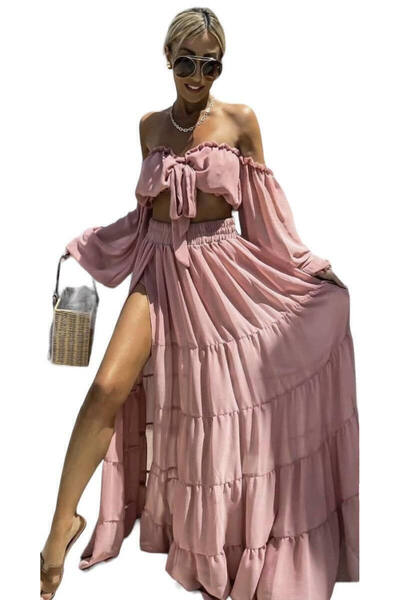 Woman's Fashion Καλοκαιρινό μάξι φόρεμα με βολάν ροζ
