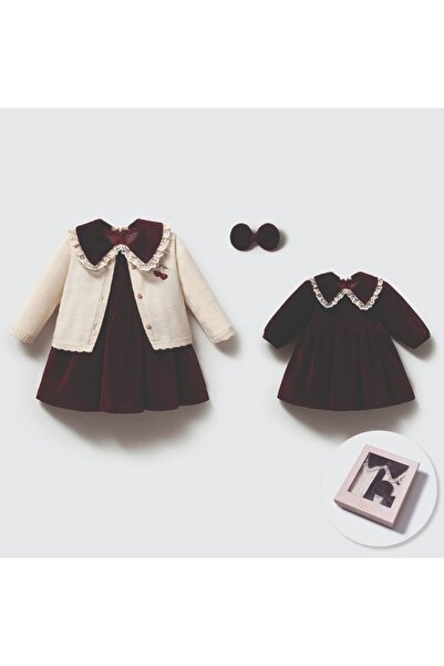 Noy Noy Baby Girl Velvet Dress Knitwear Cardigan Socks and Bandana 4-Piece Co...