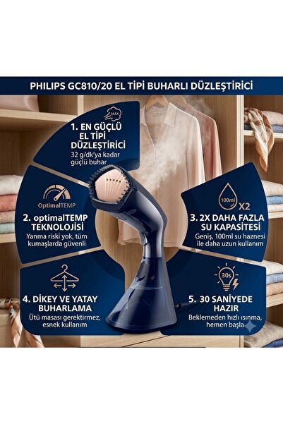 Philips 8000 Serisi El Tipi Buharlı Düzleştirici, 32 g/dk'ya kadar Buhar Gücü...
