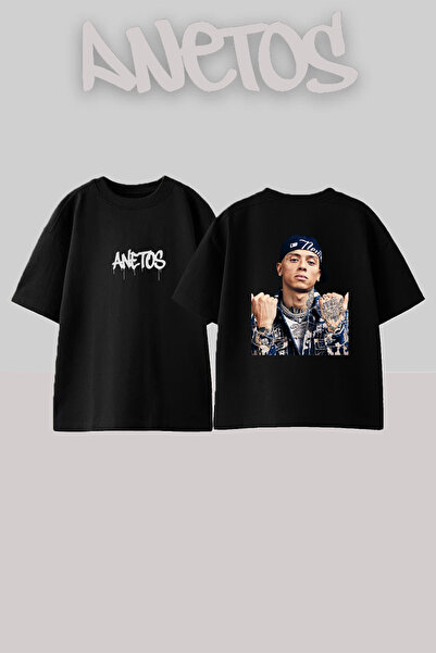 Anetos Μαύρο μπλουζάκι Natanael Cano με στάμπα, unisex, oversized