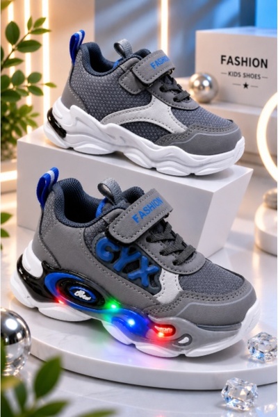 Superbaby Adidasi cu lumini LED, Model Cyx, Baieti, piele ecologica, gri