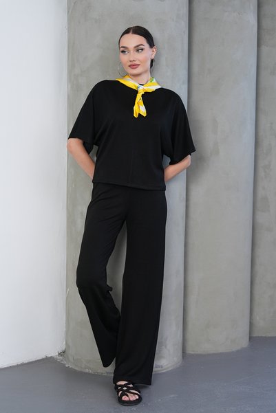 Disela Loose-Fit High-Waisted Short-Sleeved Round Neck Modal Set Black
