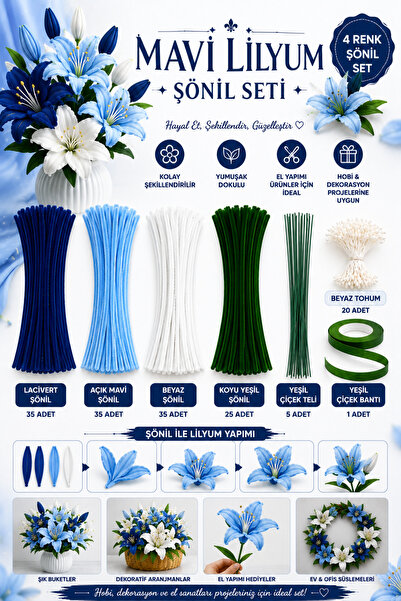 ASL ArtPaper Mavi Lilyum Çiçeği Yapım Seti Şönil Seti 156 Parça DIY Hobi El S...