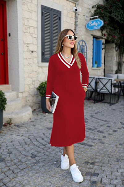 Efnaz style Women's Long Sleeve V Neck Side Slit Two Thread Midi Dress