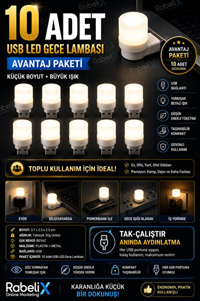 Rabelix Online Marketing Tak Çalıştır Mini USB LED Gece Lambası Beyaz Işık Ta...