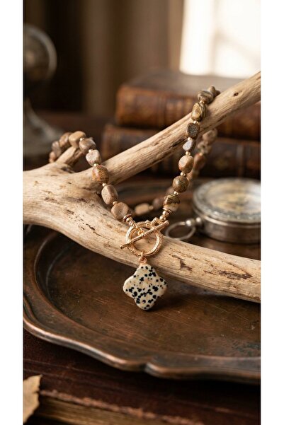 SR Jewelry Box Doğal Jasper Taşı Kolye – Yonca Doğaltaş Uçlu Gold T-Bar Kilit...