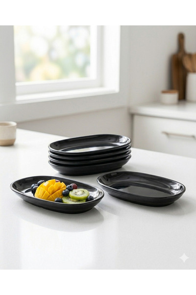 BİODATA Set of 6 Melamine Oval Kayık Plates 25X14 cm - Black Large Size Appet...