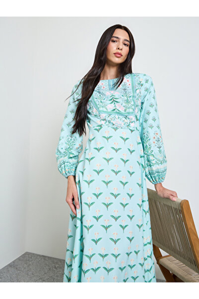 Styli Green Floral Long Sleeves A-Line Maxi Dress