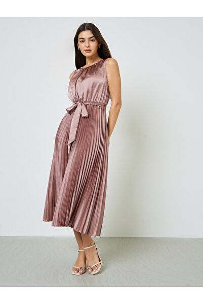 Take Two By Styli Pink Satin Pleated Midi Dress with Tie Waist