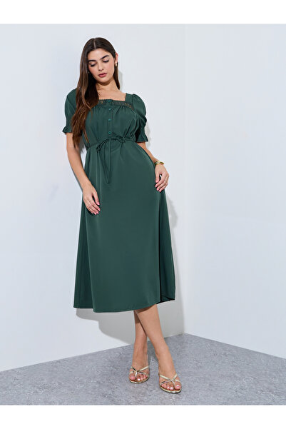 Styli Dark Green Square Neck A-Line Midi Dress