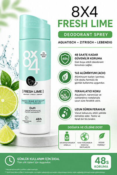 8x4 Fresh Lime Deodorant Sprey 150 ml - 48 Saat Koruma - Alüminyum (ACH) İçermez