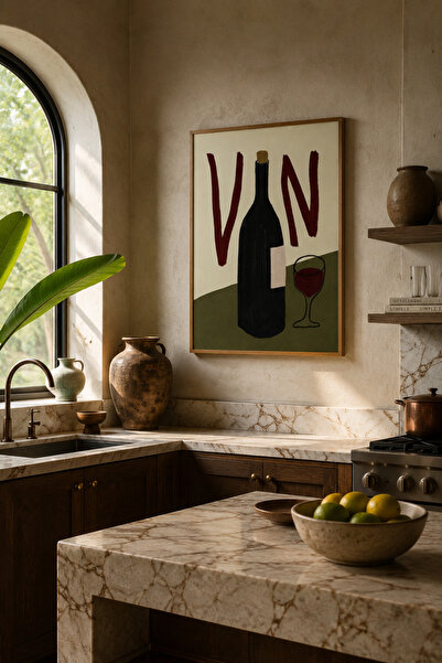 Boho wellness studio VIN Şarap Şişesi Minimalist Mutfak Tablosu – Ahşap Çerçe...