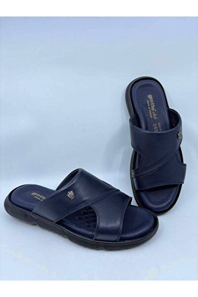 Papuccu Dark Blue Buckle-Strapped Men's Genuine Leather Slippers