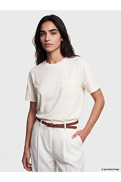 LC Waikiki Lcw Vision Ecru Lace Detailed 100% Cotton Women's T-Shirt