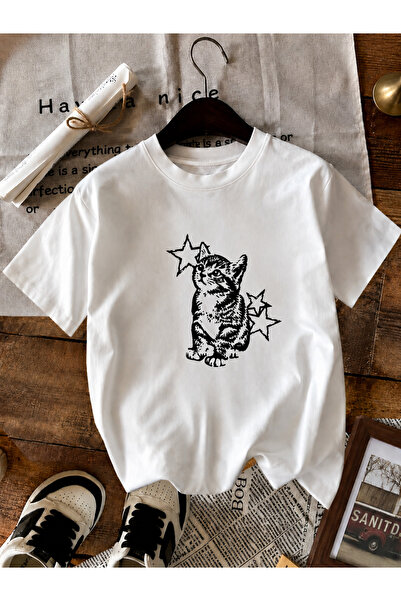 ZİYMO Women's Y2K Star Cat Printed Oversized T-Shirt White White