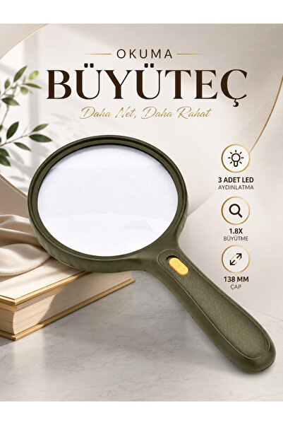 TAREZ LED Işıklı Büyük Boy Okuma Büyüteci 1.8X - 138 mm Çap - 3 LED Aydınlatm...