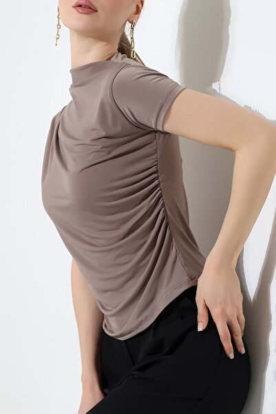 Sabr Sandy Fabric Degaje Collar Draped Short Sleeve Women's Blouse