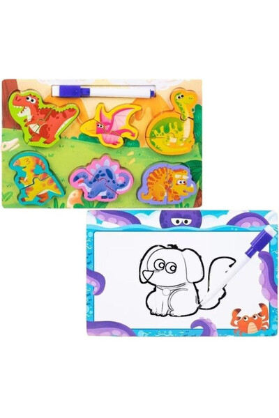 OEM Puzzle din lemn Merkpol dinozauri 2-in-1, cu tabla alba sucho-stergatoare...