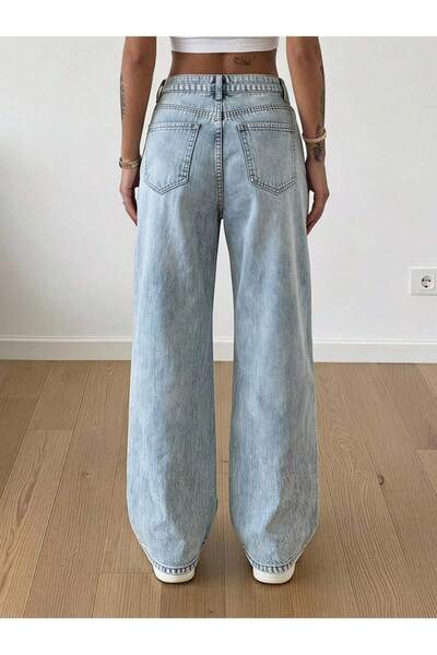 MARA BRANCO Kadın Açık Mavi Düşük Bel Yırtık Detaylı Wide Leg Jean Pantolon
