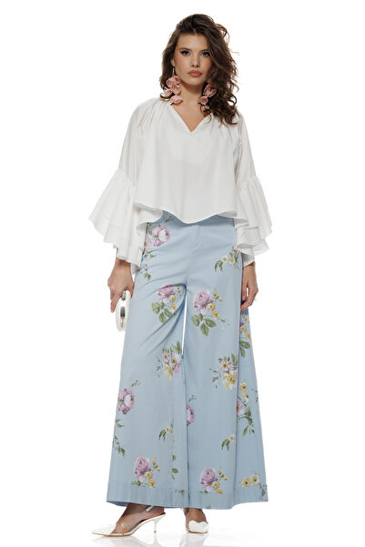 Fofy Blugi dama baby blue extralong wide cu imprimeu floral talie inalta