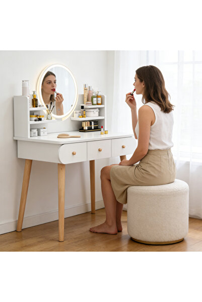 HI-FINE White Dressing Table With Round LED Light Mirror 3 Brightness Adjusta...