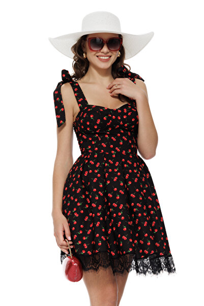 Fofy Rochie mini de vara neagra cu cirese cupe buretate fusta in pliuri contu...