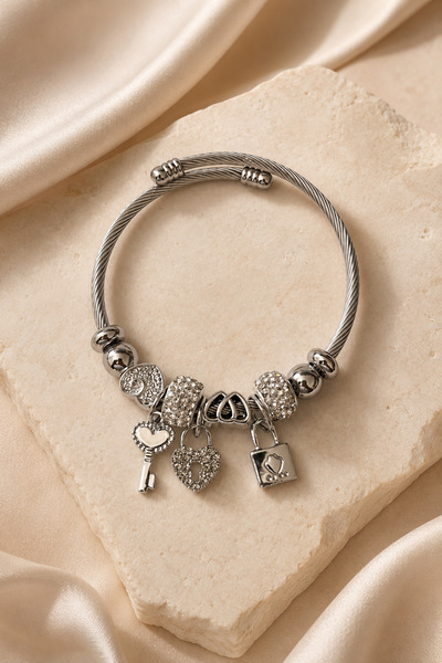 PABALAS Women's Silver Color Steel Charm Bracelet Key Lock Heart and Stone De...