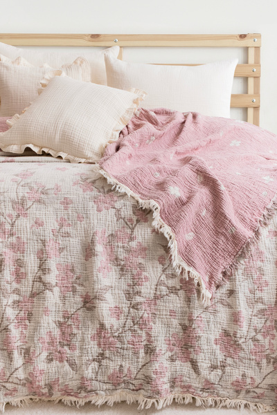 Meet ma ya Natural Sakura Pink Muslin Bedspread, Pique 4-Layer 100% Cotton, 240*260 cm