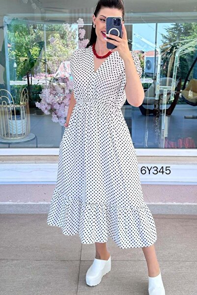 İnce Topuk V-Neck Polka Dot Viscose Dress with Elastic Waist 6Y345