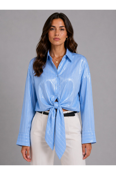 Basics&More Women's Satin Look Striped Long Sleeve Oversize Shirt - Blue