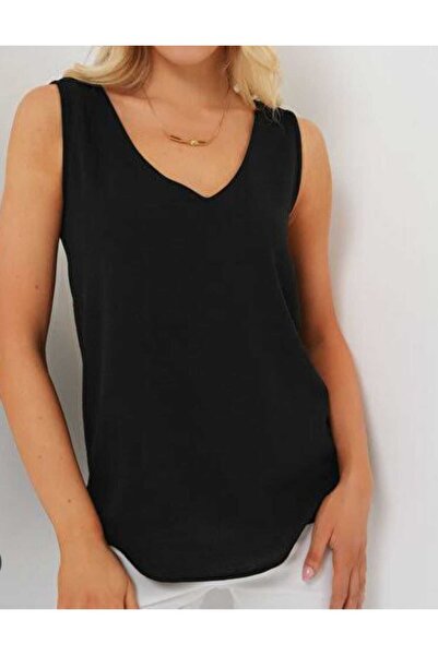 ZY BUTİK Black Front and Back V-Neck Thick Strap Viscose Blouse