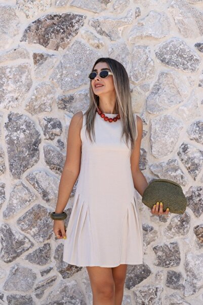 bytugcekaya Bej Bisiklet Yaka Sıfır Kol Elbise