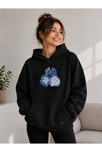 caddekombin Women's Blue Floral and Seashell Printed Hooded Sweatshirt with K...