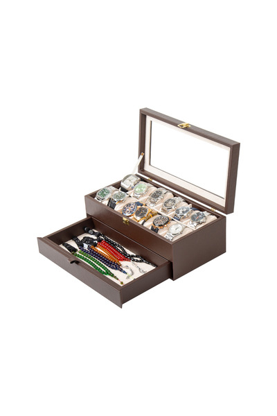 Güner Ofis 12 Drawer Leather Watch and Accessory Organizer Box with Glass Top...