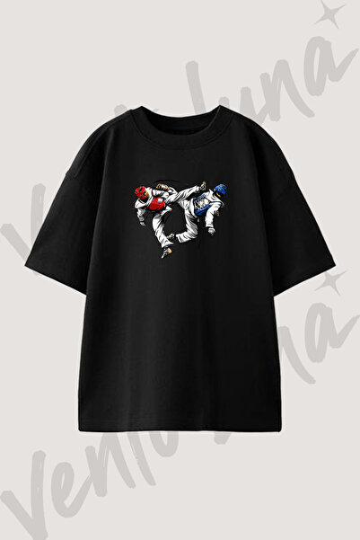 Vento Luna Taekwondo_1 Tasarım Baskılı Unisex Oversize Kalıp Siyah Tshirt