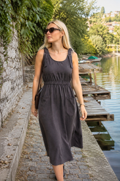 armonika Women's Smoked Waist and Elastic Straps Linen Look Midi Dress with P...