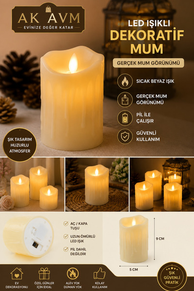 Ak Avm LED Dekoratif Mum Pilli Gerçek Alev Görünümlü Sıcak Beyaz Işıklı Silin...