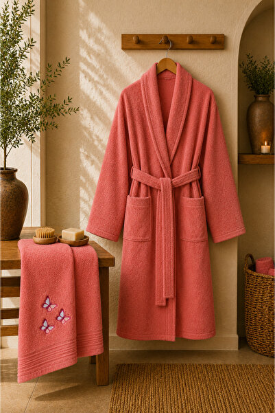 sternen glanz Newneva Cotton Embroidered Shawl Collar Bathrobe Hair Towel Set