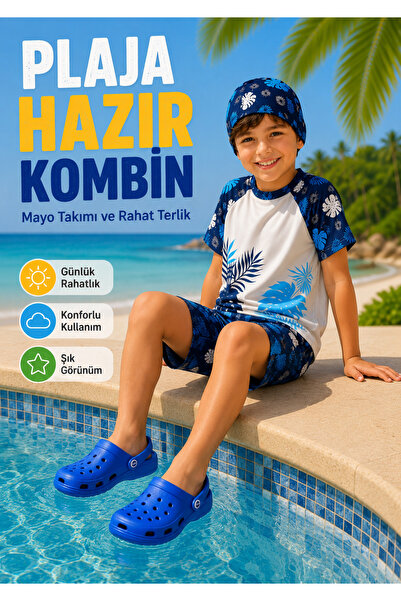 rony pony kids Erkek Çocuk Tropikal Desenli 3’lü Mayo Takımı + Mavi Terlik | ...