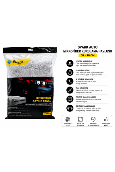 Famspremium Spark Auto Mikrofiber Araç Kurulama Havlusu 60x90 cm Ultra Emici Gri