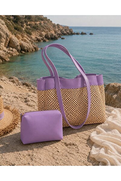 ValeriaBag Summer Time Plaj Çantası + Değerli Eşya Çantası Lila