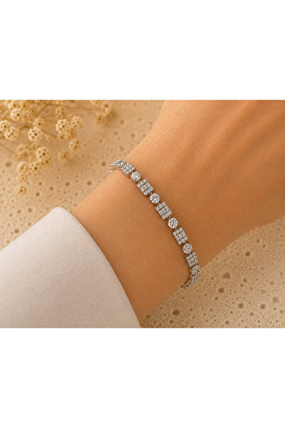 ACAR TAKI Xuping Silver Color, Square and Round Stone Bracelet 17+2cm Acr9838