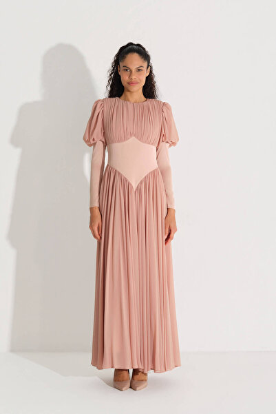 miha Hicran Önal Bel Detail Corseted Chiffon Dress Brown