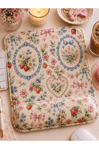matizya Çilek ve Fiyonk Desenli Bilek Destekli Mousepad – Vintage Çiçekli Gir...